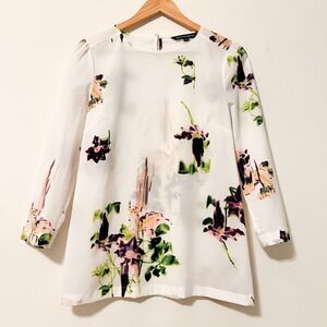 French Connection White Pink Purple Green Floral Watercolor Quarter Sleeve Top
